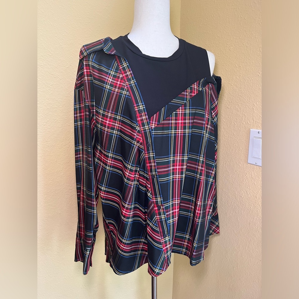 Maje deconstructed red plaid/black top. Size 2